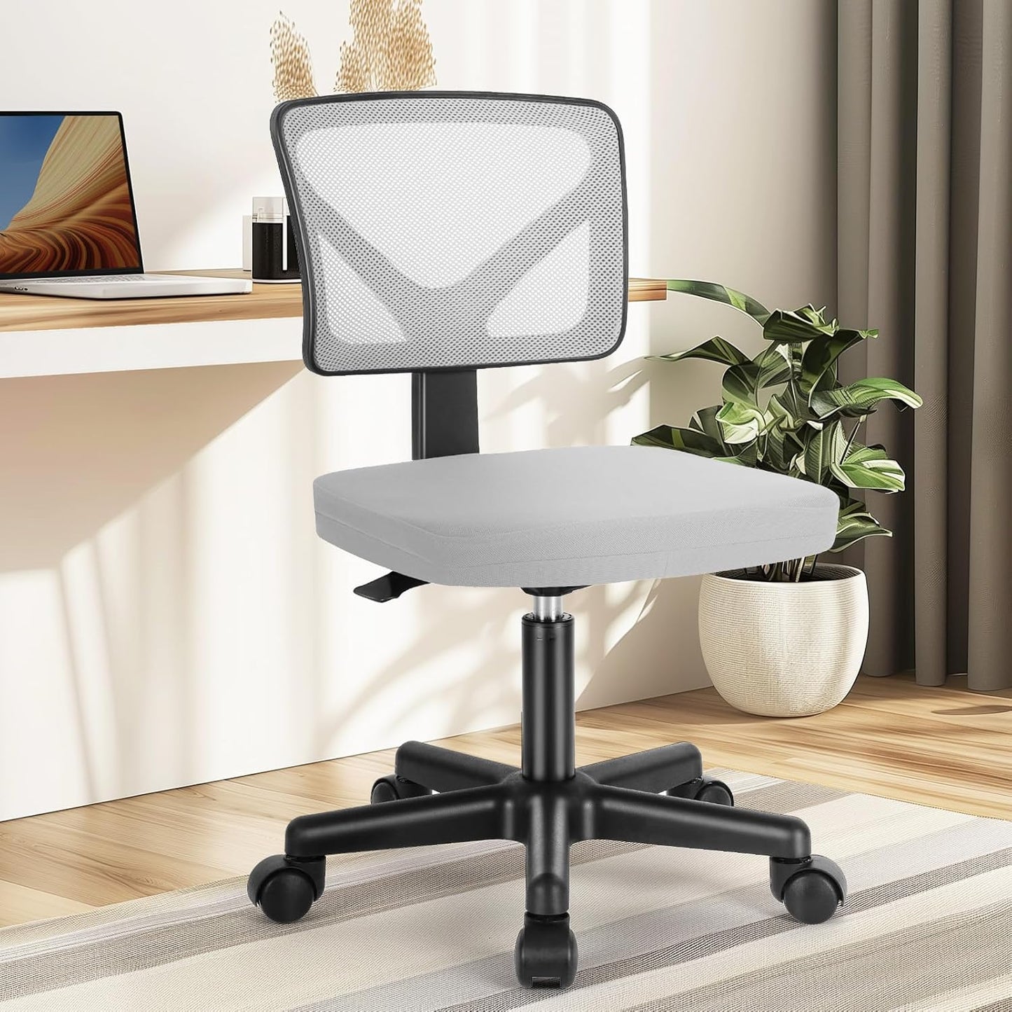 Armless Desk Chairs with Wheels, Ergonomic Adjustable Home Office Swivel Rolling Task Chair No Arms, Comfy Mesh Mid Back Computer Work Vanity Desk Seat for Small Spaces, Light Grey