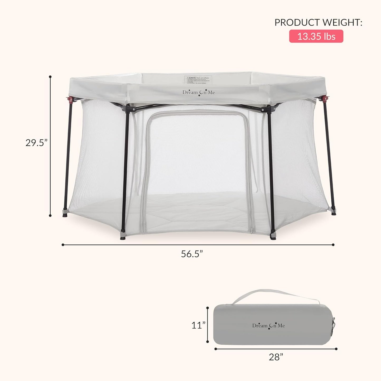 Dream on Me Onyx Baby Playpen, Zipper Access Door, Breathable Mesh Sides, Soft Comfortable Mattress Padded Floor, Easy Fold Design with Travel Carry Bag, Compact Easy to Fold Design - Grey