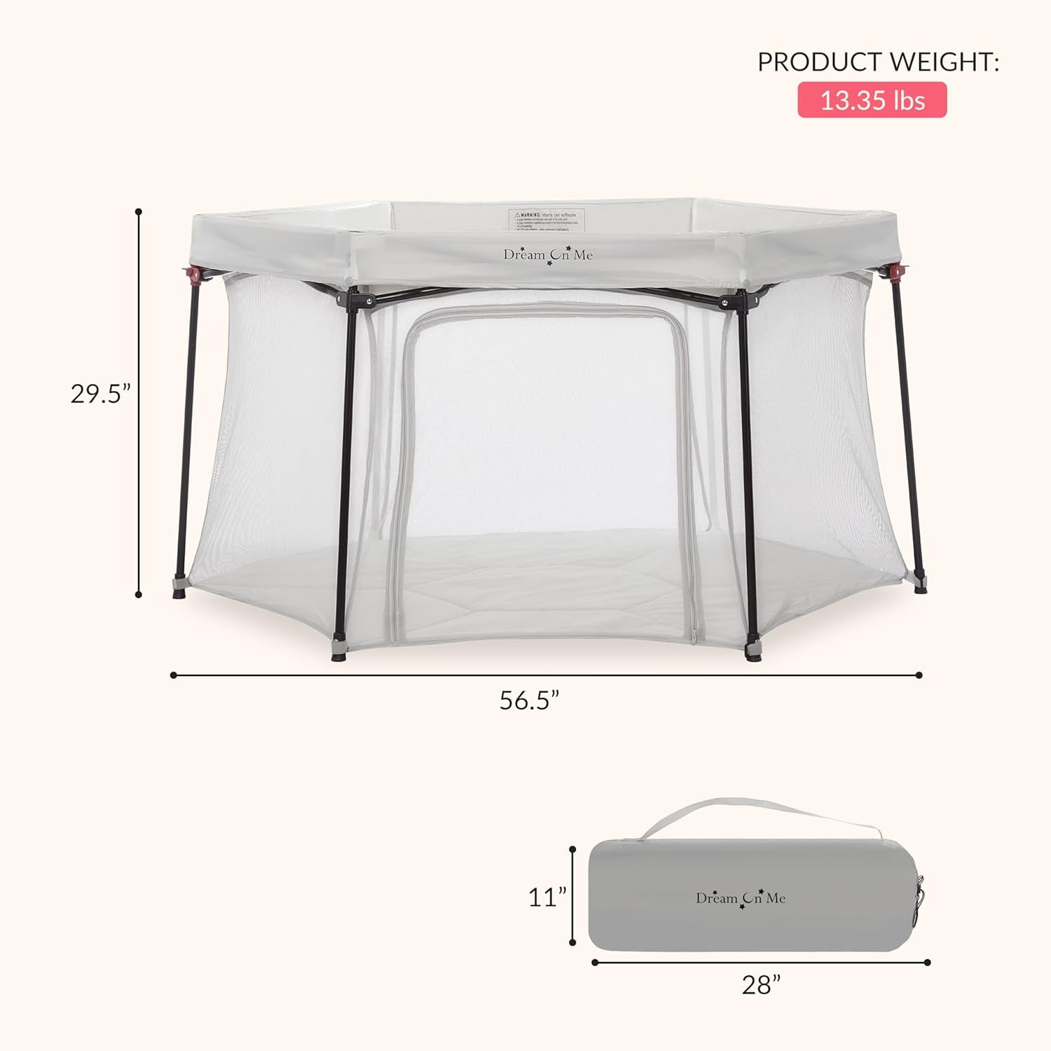 Dream on Me Onyx Baby Playpen, Zipper Access Door, Breathable Mesh Sides, Soft Comfortable Mattress Padded Floor, Easy Fold Design with Travel Carry Bag, Compact Easy to Fold Design - Grey