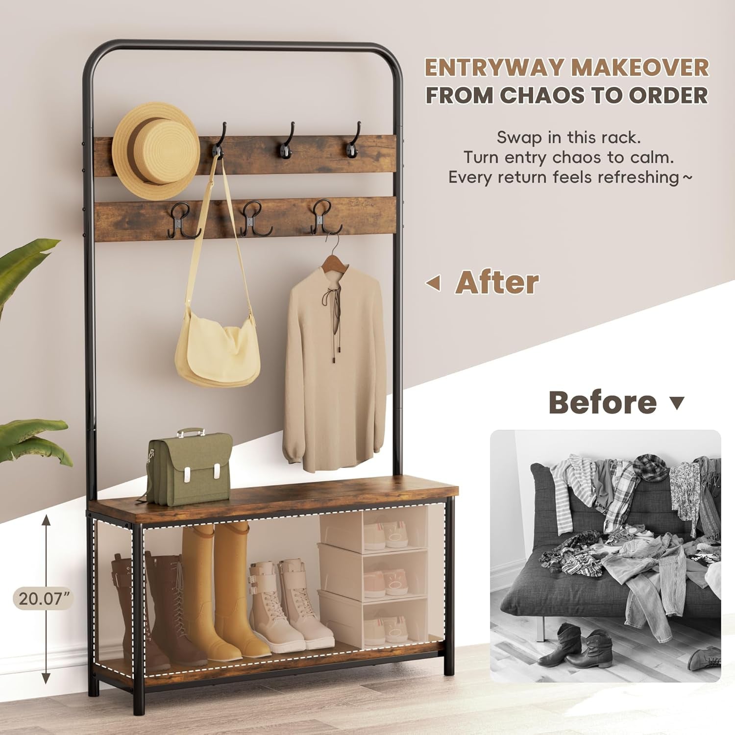 Hall Tree with Shoe Bench & Storage, Industrial Coat Rack Entryway Organizer, 7 Hooks with 10 Hanging Points, Rustic Brown, 39.9"X11.9"X72"