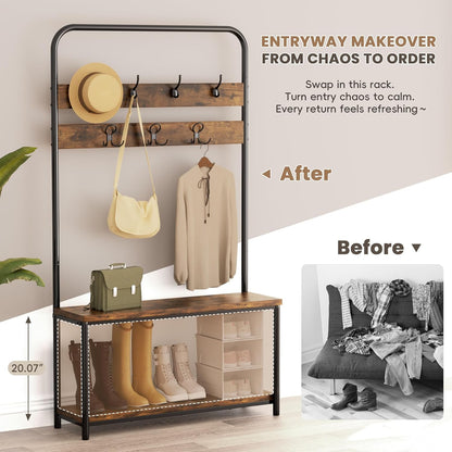 Hall Tree with Shoe Bench & Storage, Industrial Coat Rack Entryway Organizer, 7 Hooks with 10 Hanging Points, Rustic Brown, 39.9"X11.9"X72"