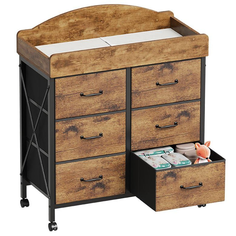 Baby Changing Table Dresser with Wheels, 6-Fabric Drawer Baby Dresser with Changing Table Top, Waterproof Diaper Changing Station & Pad, Mobile Storage Unit, Baby Furniture, Rustic Brown