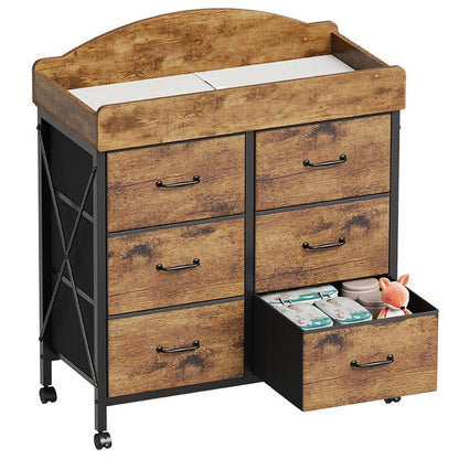 Baby Changing Table Dresser with Wheels, 6-Fabric Drawer Baby Dresser with Changing Table Top, Waterproof Diaper Changing Station & Pad, Mobile Storage Unit, Baby Furniture, Rustic Brown