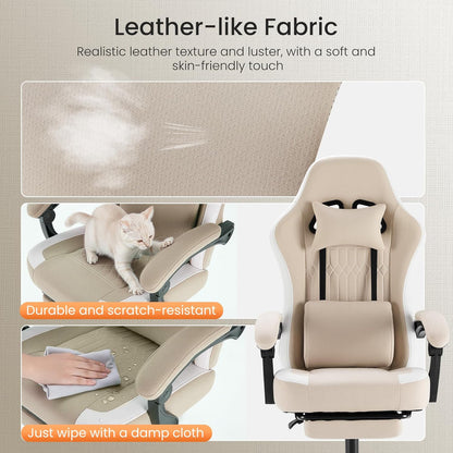 Computer Gaming Chair - High Back Ergonomic Desk Chair with Footrest and Lumbar Support, Height Adjustable Task Chair with Linkage Armrests and Headrest, 360° Swivel Wheels, Khaki