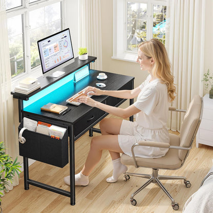 31.5Inch Office Computer Desk with LED Lights & 2 Fabric Drawers, Gaming Desk with Side Pocket & Ergonomic Monitor Stand, Small Space Study Writing Table with Anti-Tip Design,Black