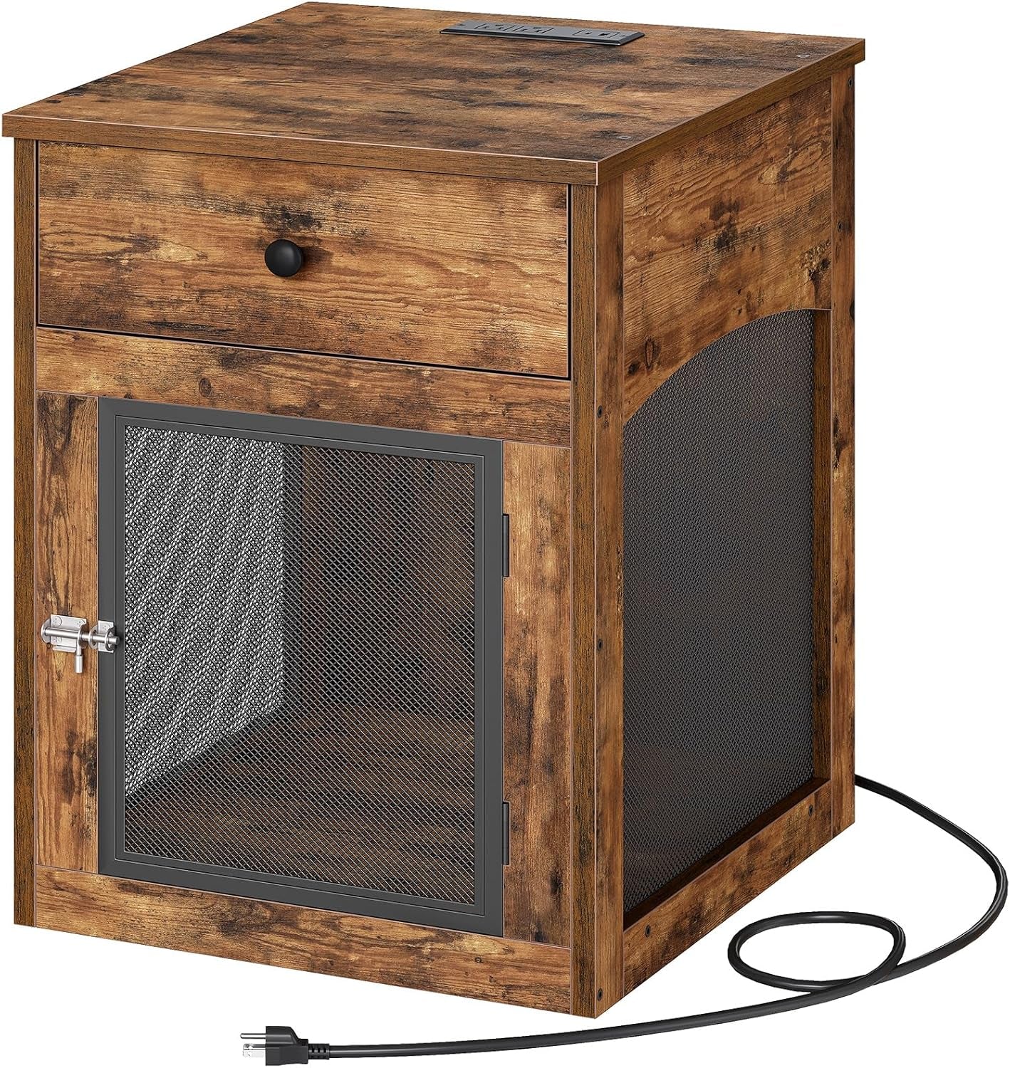 Dog Crate Furniture, Dog Kennel with Drawer and Charging Station, Indoor Decorative Puppy House, Wooden Pet Crate End Table for Small Dogs, Rustic Brown and Black BF58UGW03G1