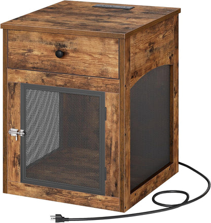 Dog Crate Furniture, Dog Kennel with Drawer and Charging Station, Indoor Decorative Puppy House, Wooden Pet Crate End Table for Small Dogs, Rustic Brown and Black BF58UGW03G1