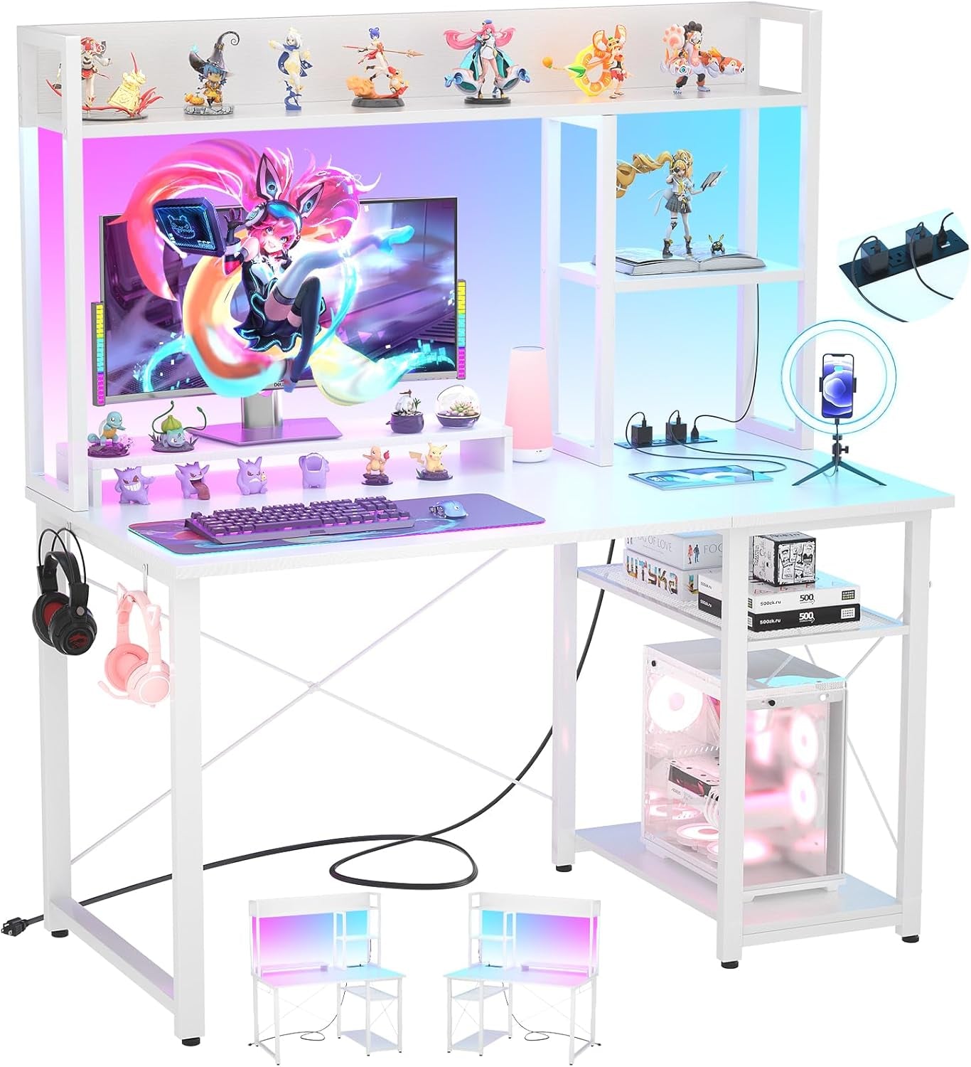 Gaming Desk with Hutch, 39'' Computer Desk with LED Lights & Power Outlets, Home Office Desk with Reversible 5 Tiers Storage Shelves & Monitor Stand, Small Gaming Table for Small Space, White