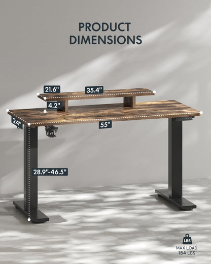 Standing Desk with Monitor Stand, 55 X 24 Inches One-Piece Electric Height Adjustable Computer Desk with Cup Holder, Home Office Desks (Black Frame+ Rustic Top)