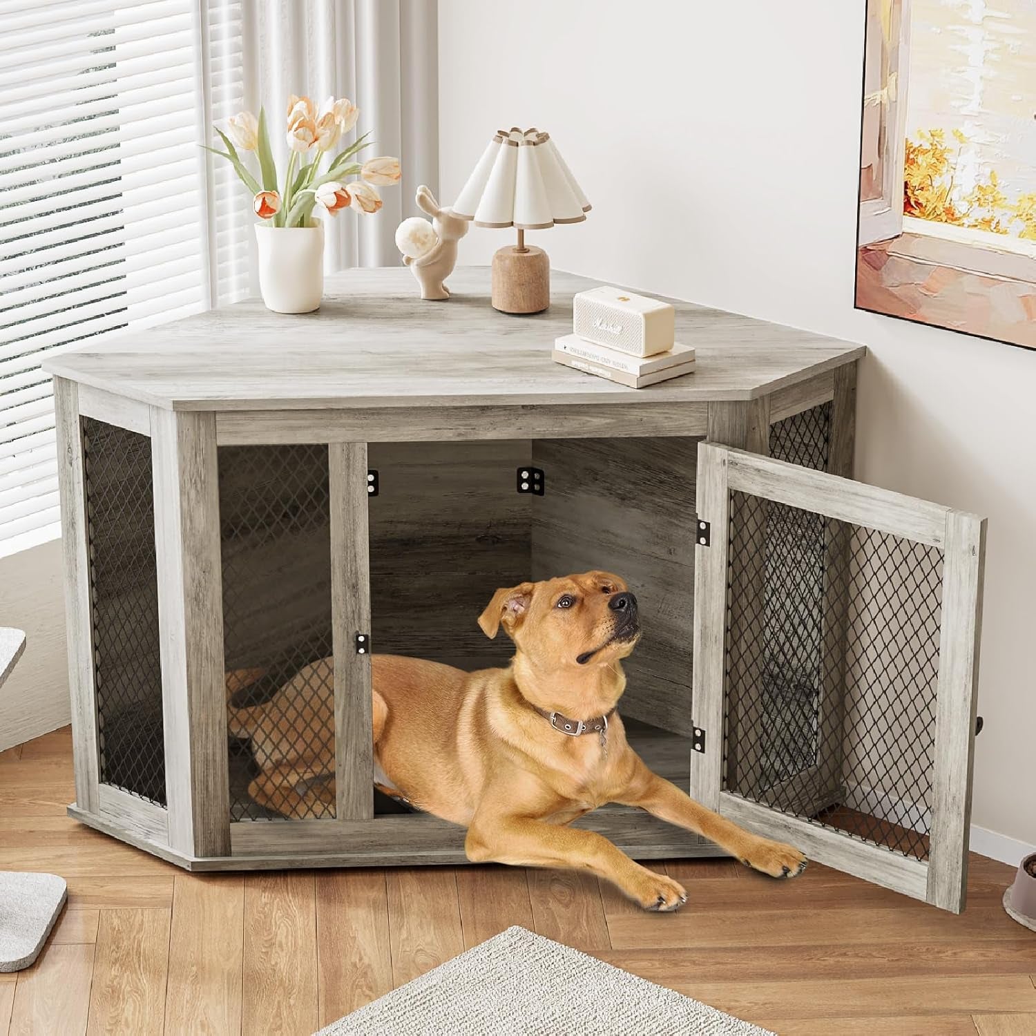Corner Dog Crate Furniture,52 Inch Decorative Pet Crate with Metal Mesh,Wooden Dog Kennel Indoor Use for Small Medium Dogs,Dog House TV Stand,Perfect for Limited Room,Grey