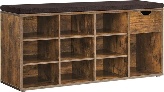 CUSTOS Collection - Shoe Bench, Storage Bench with Padded Seat, Entryway Bench with 15 Compartments, for Bedroom, 11.8 X 40.9 X 18.9 Inches, Rustic Brown and Brown ULHS024T01