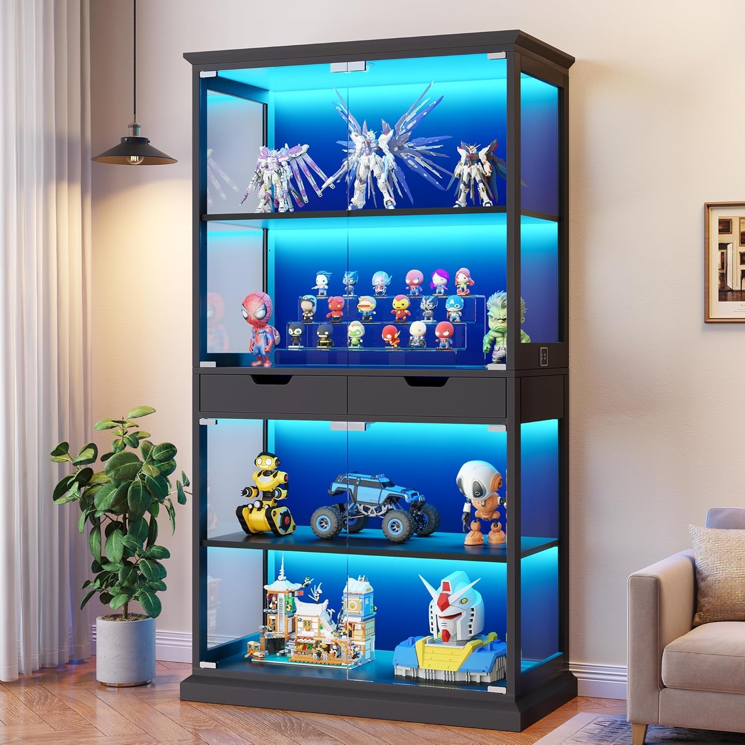 Display Cabinet with Glass Doors, 68'' Tall Curio Cabinet with RGB Lights for Collectibles, 4-Tier Glass Display Case with Human Body Sensor & 2 Drawers for Living/Game Room, Black