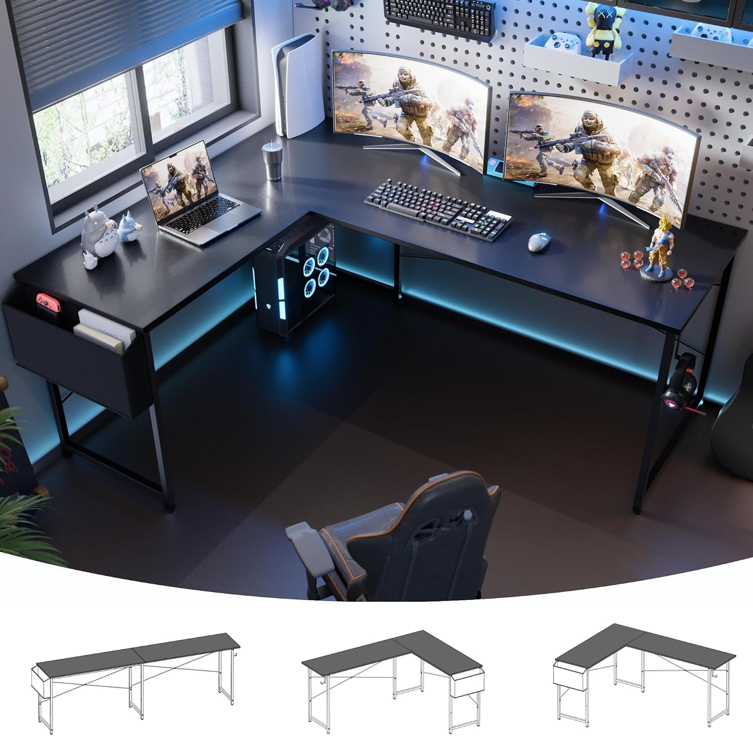 64.5 Inch Reversible L Shaped Gaming Desk Large Corner Computer Desk with Storage Bag Home Office Table for Writing Study Black