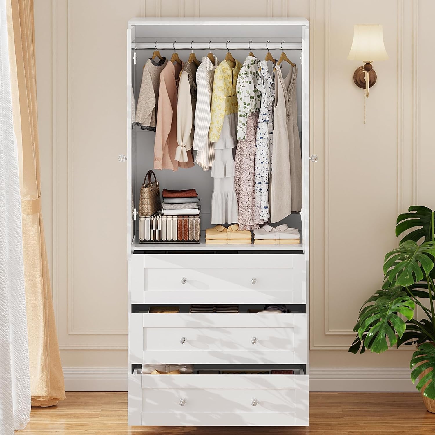 Armoire Wardrobe Closet with Drawers and Mirror, 71" Clothing Storage Cabinet with Hanging Rod, 2 Doors Wooden Wardrobe Cabinet for Bedroom, Large Capacity Storage, White
