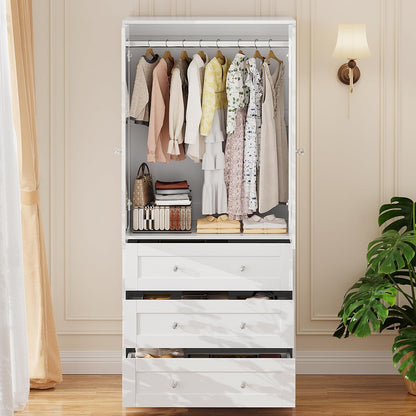 Armoire Wardrobe Closet with Drawers and Mirror, 71" Clothing Storage Cabinet with Hanging Rod, 2 Doors Wooden Wardrobe Cabinet for Bedroom, Large Capacity Storage