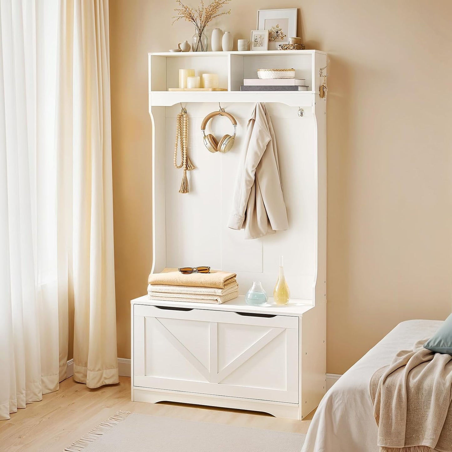Hall Tree with Bench and Shoe Storage, Entryway Bench with Coat Rack and Shoe Cabinet, Flip-Down Cabinet Door, Coat Rack with Shoe Rack, for Mud Room, White WT84MT01