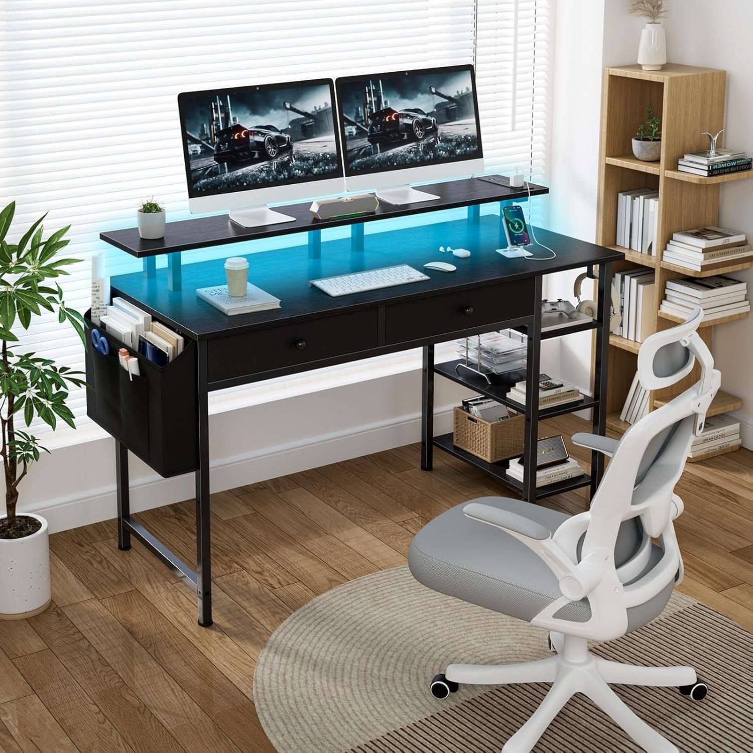 Black Gaming Desk with Shelves and Drawers - 39 Inch Small Gaming Desk with Storage Shelves for Boys Teens Bedroom, Black Computer Desks with Drawers, Monitor Stand, Power Outlet