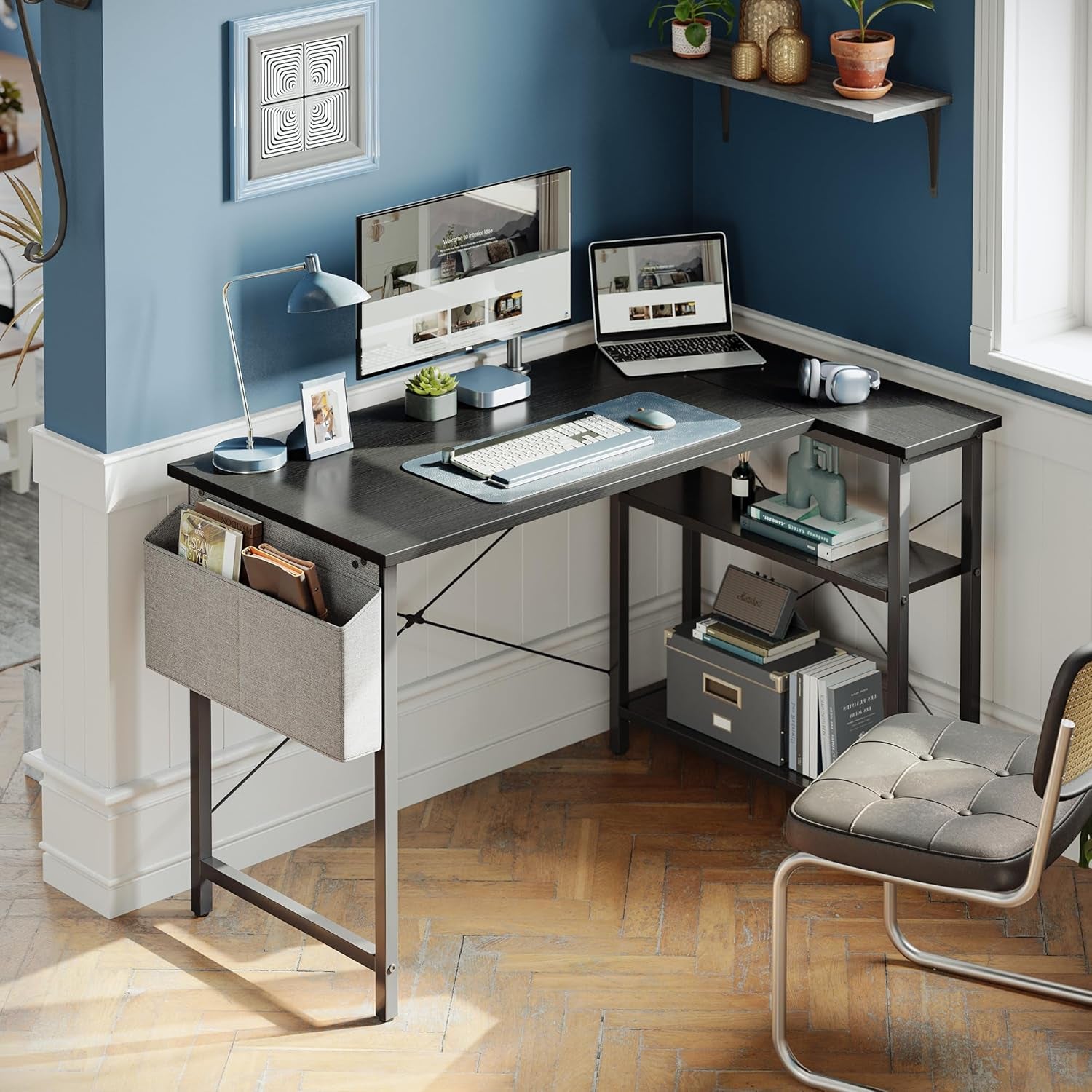 L Shaped Desk, 47 Inch Computer Desk with Reversible Storage Shelves Home Office Corner Desk Study Writing Table, White