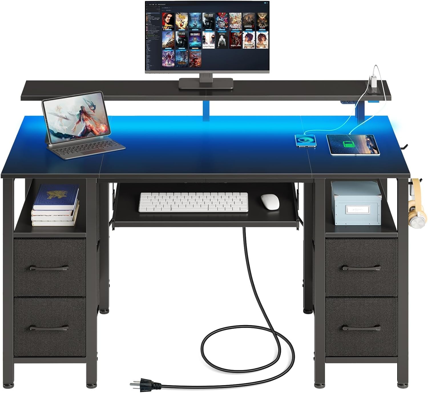 Computer Desk 47.2" with LED Lights & Power Outlets, Home Office Desk with 4 Drawers, Writing Desk with Keyboard Tray, Study Table with Monitor Stand, Work Desks for Home Office, Black