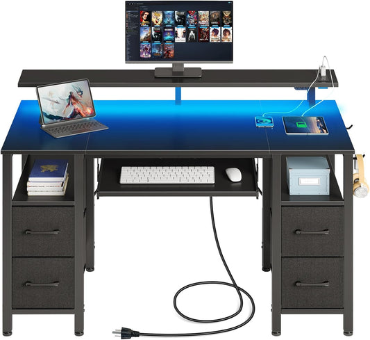 Computer Desk 47.2" with LED Lights & Power Outlets, Home Office Desk with 4 Drawers, Writing Desk with Keyboard Tray, Study Table with Monitor Stand, Work Desks for Home Office, Black