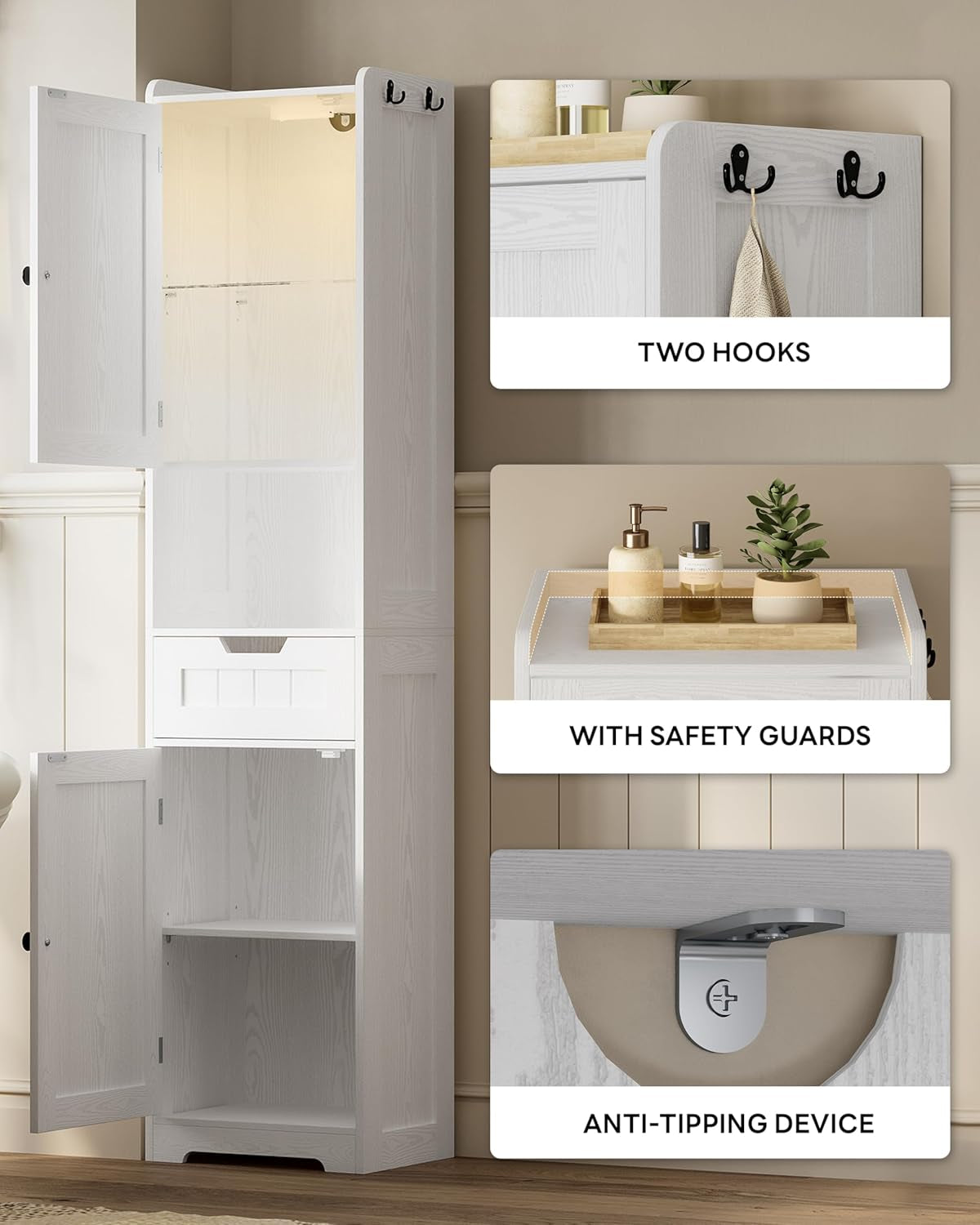 68" Tall Bathroom Storage Cabinet with Lights, Narrow Bathroom Storage Cabinet with Adjustable Shelves & 2 Hooks, Slim Freestanding Cabinet for Small Space, Kitchen, Living Room, White