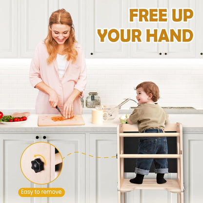 4-In-1 Toddler Kitchen Step Stool, Foldable Learning Standing Tower with Blackboard, Wooden Kitchen Stool Helper for Kids, 1-3 Year Old Boy Girl Gifts