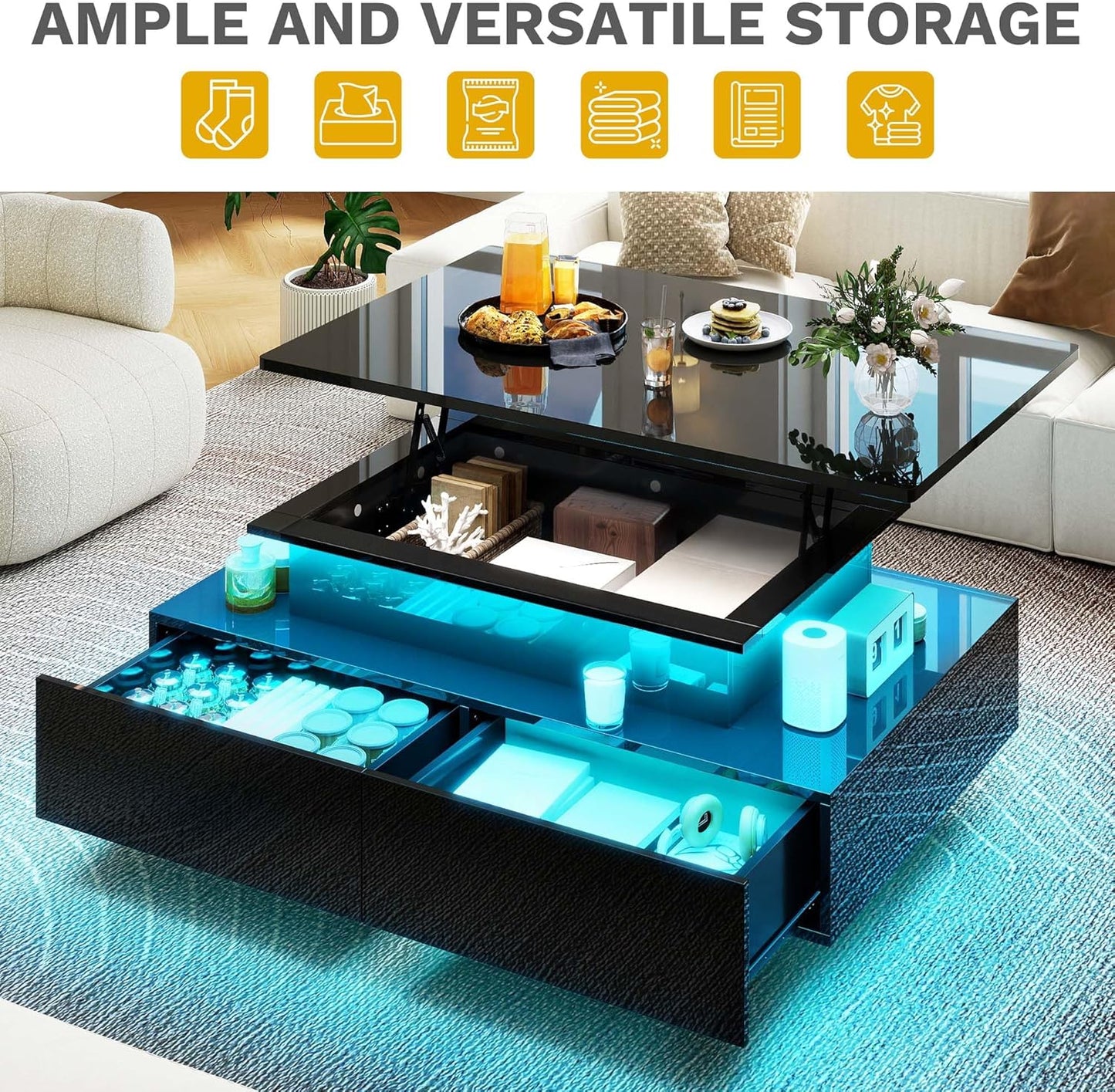 LED Lift Top Coffee Tables for Living Room, Rectangular Coffee Table with 4 Spacious Drawers, Modern Center Table with Lifting Top for Home Decor, Black