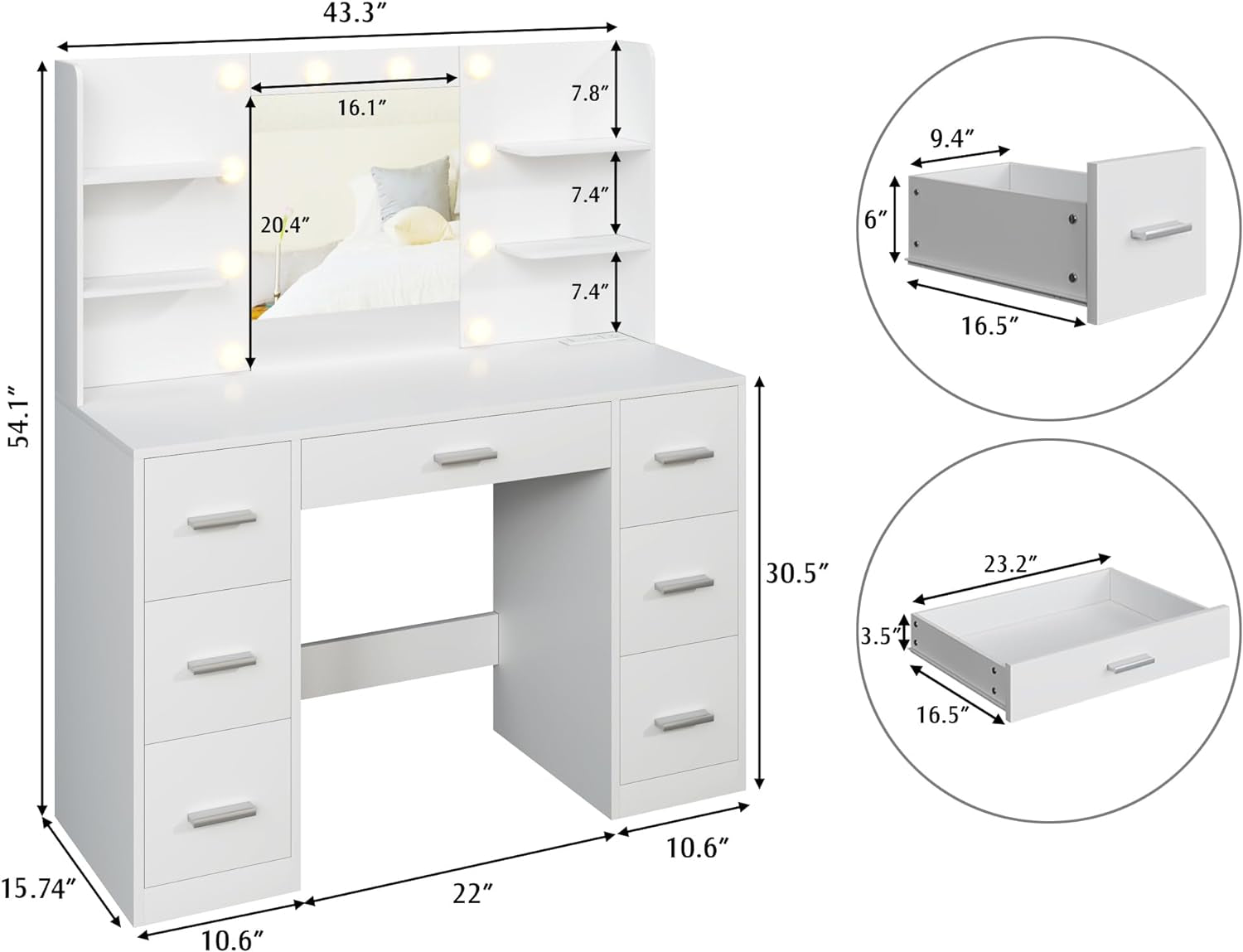 Vanity Desk with Mirror, Power Outlet and 10 Lights, Makeup Table with 7 Drawers, 3 Color Modes Available for Bedroom, White