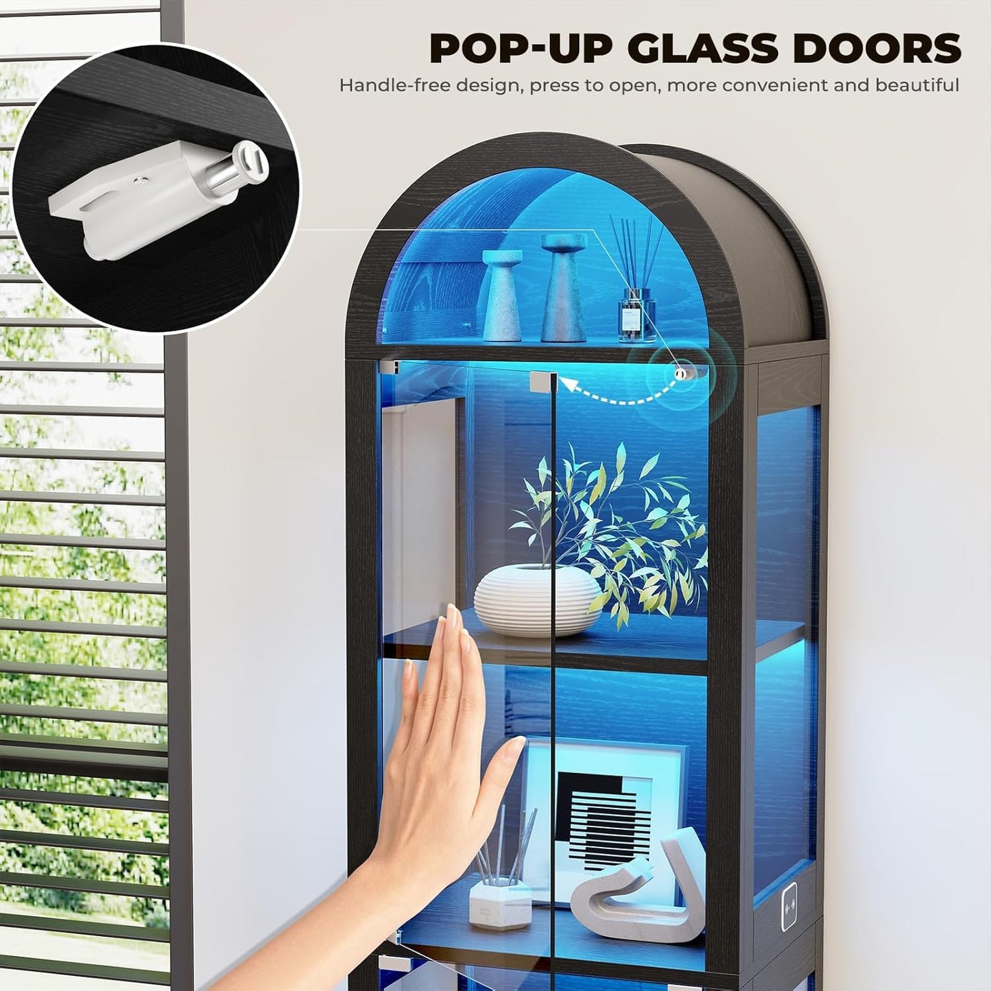 71" Tall Arched Display Cabinet with Glass Doors, Curio Cabinet with LED Lights for Collectibles, Books, 5-Tier Showcase Glass Display Case with Human Body Sensor for Living Room, Black