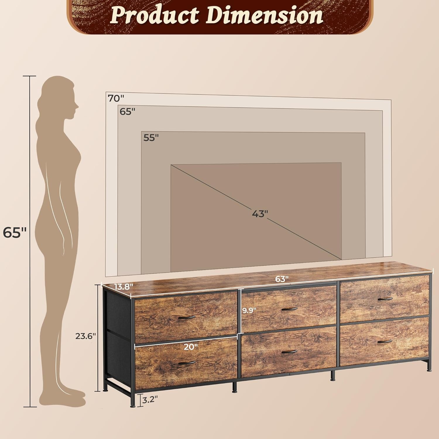 63 Inch Long Dresser for Bedroom, Wide TV Stand for 55, 65, 70 Inch TV, 6 Drawer Dresser for Closet with Fabric Drawers, Storage Organizer for Bedroom, Entryway, Rustic Brown