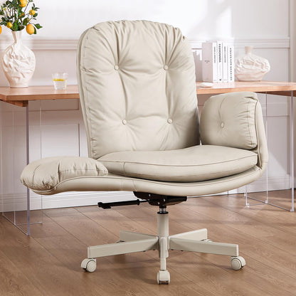 Criss Cross Chair with Armrests & Wheels for Cross-Legged Sitting ，Comfortable Adjustable Swivel Office Desk Chair –PU Leather Vanity Chair for Home, Makeup and Bedroom (Cream)