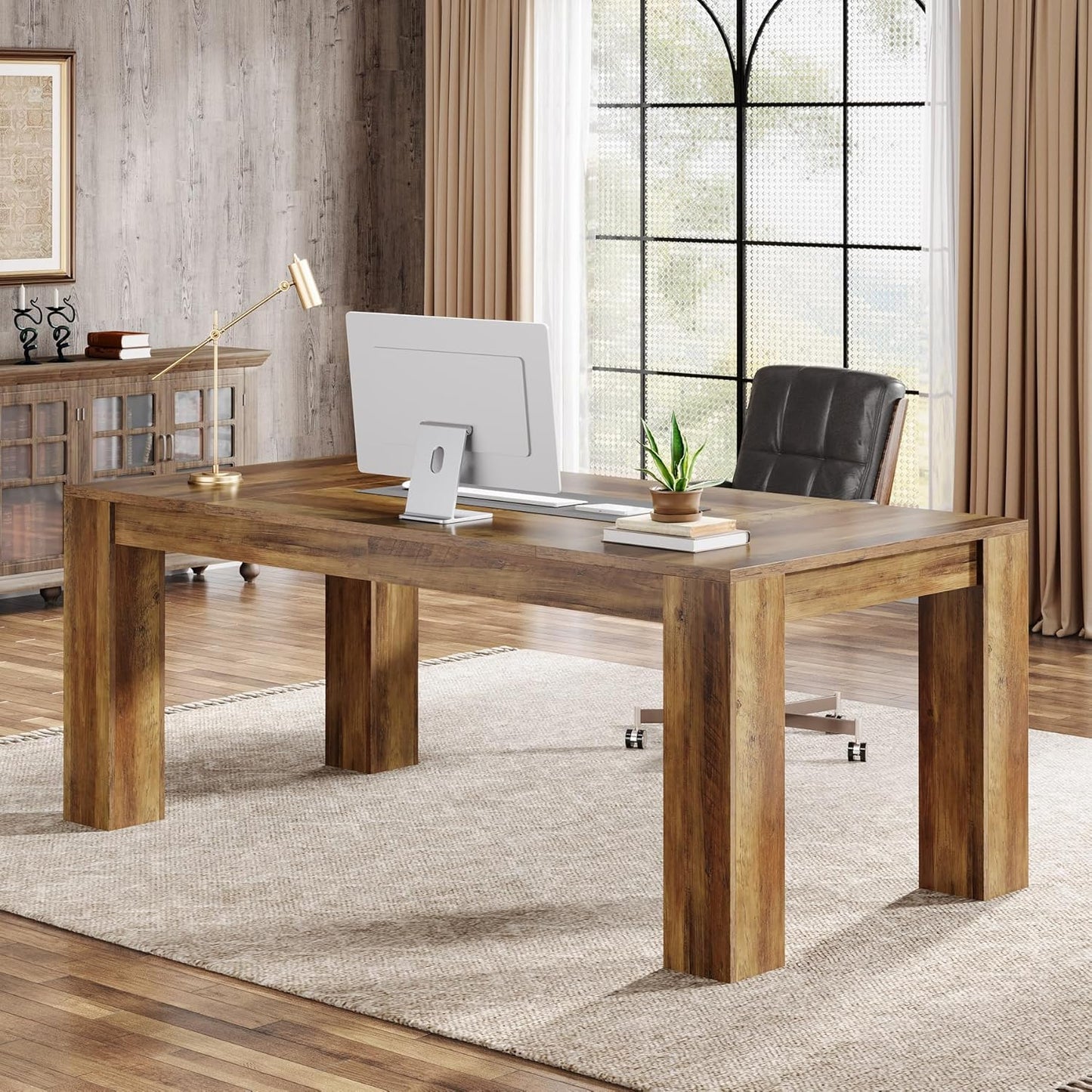 63-Inch Executive Desk, Large Office Computer Desk, Simple Workstation Writing Table Study Table for Home Office, Rustic Brown