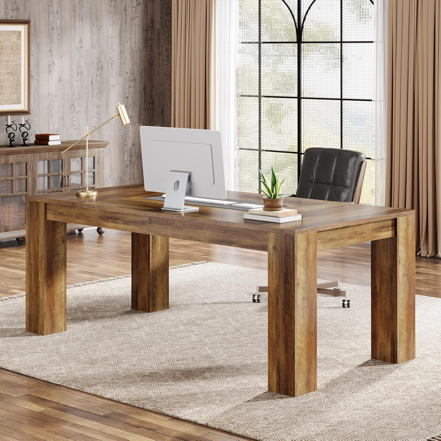 63-Inch Executive Desk, Large Office Computer Desk, Simple Workstation Writing Table Study Table for Home Office, Rustic Brown