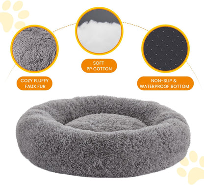 Calming Dog Beds for Large Dogs, Faux Fur Donut Cuddler Dog Bed, round Fluffy Pillow, Washable Pet Bed for Dogs up to 80Lbs, 36Inch