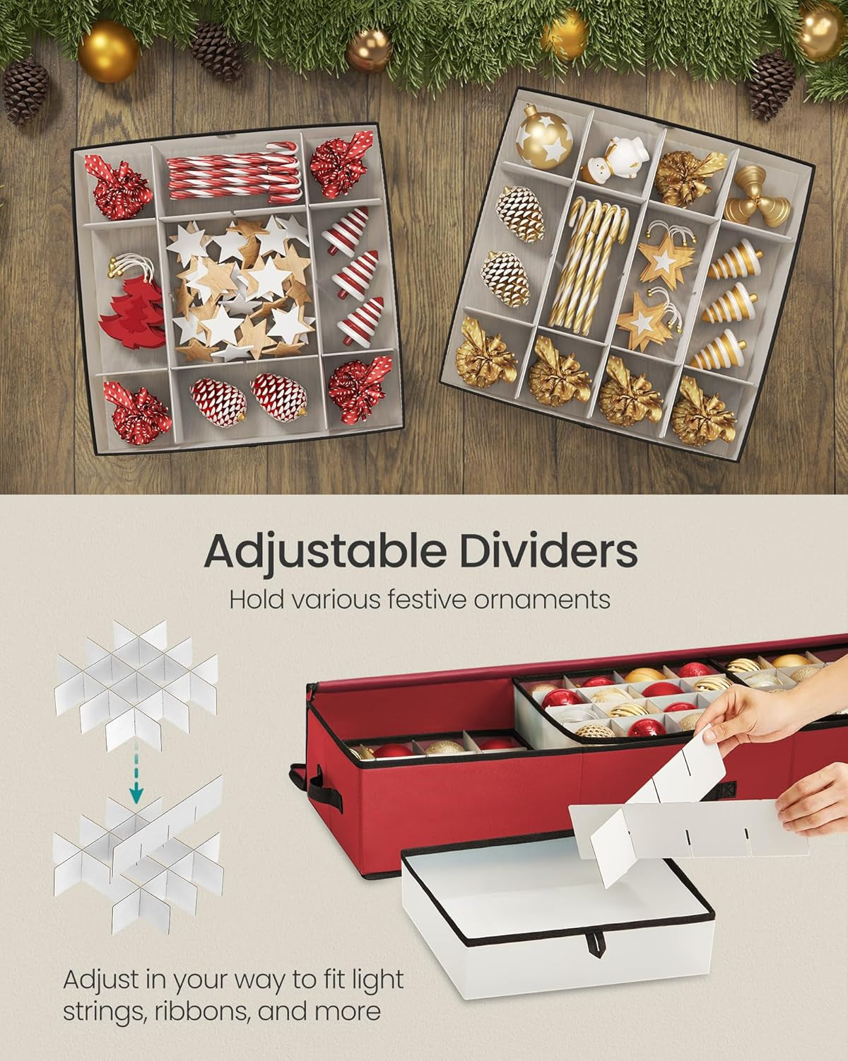 Christmas Ornament Storage Box, 96 Slots of 3 Inches, 38 X 13.2 X 6.9 Inches, Bauble Storage Box with Dividers, Oxford Fabric, Zippers, Side Handles, under the Bed, Cherry Red URFB042R01