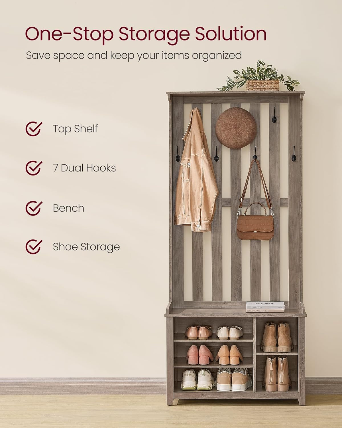 Hall Tree with Bench and Shoe Storage, Coat Rack with Shoe Bench, 7 Double Hooks for Jackets, Hats, Entryway, Bedroom, Living Room, 13.8 X 31.9 X 70.9 Inches, Rustic White UHSR414W01