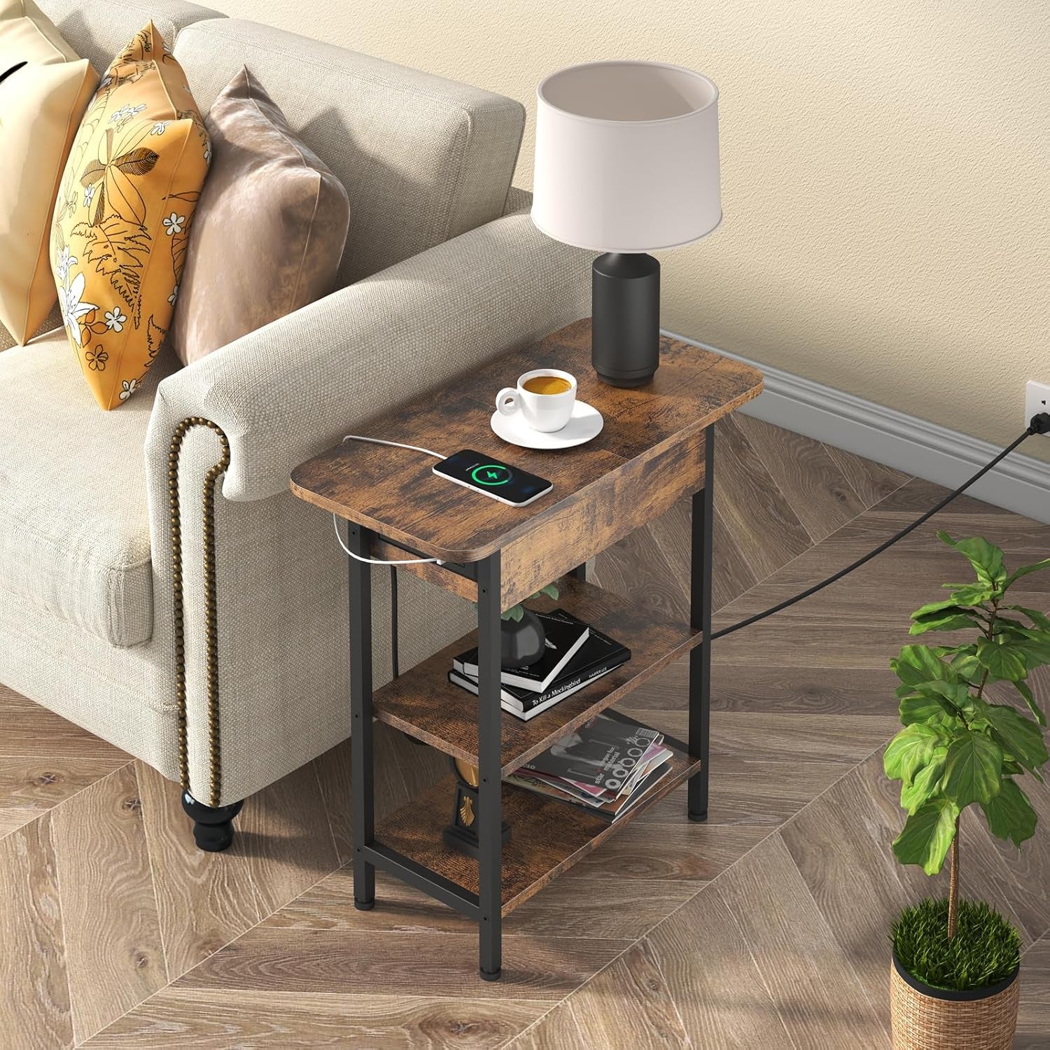 End Table with Charging Station, Flip Top Side Table with USB Ports and Outlets, Nightstand for Small Spaces, Bedside Tables with Storage Shelf for Living Room, Bedroom, Brown