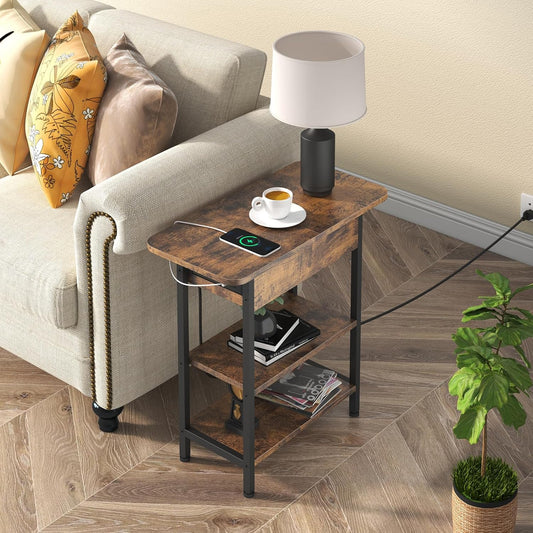 End Table with Charging Station, Flip Top Side Table with USB Ports and Outlets, Nightstand for Small Spaces, Bedside Tables with Storage Shelf for Living Room, Bedroom, Brown