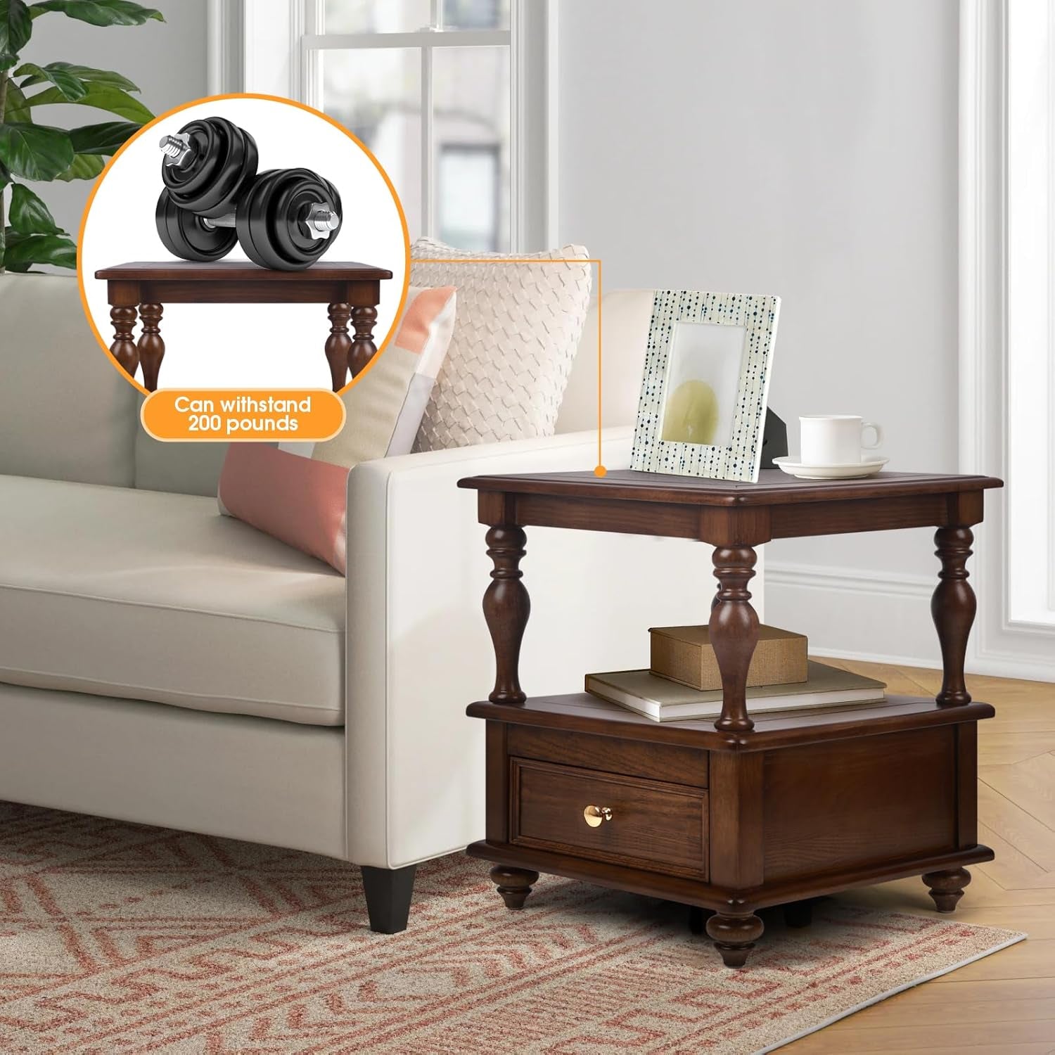 Vintage Square End Table with 1 Drawer and 2 Hidden Compartments, 2 Tier Side Table with Storage Shelves, Solid Wood Nightstand for Small Space, Walnut