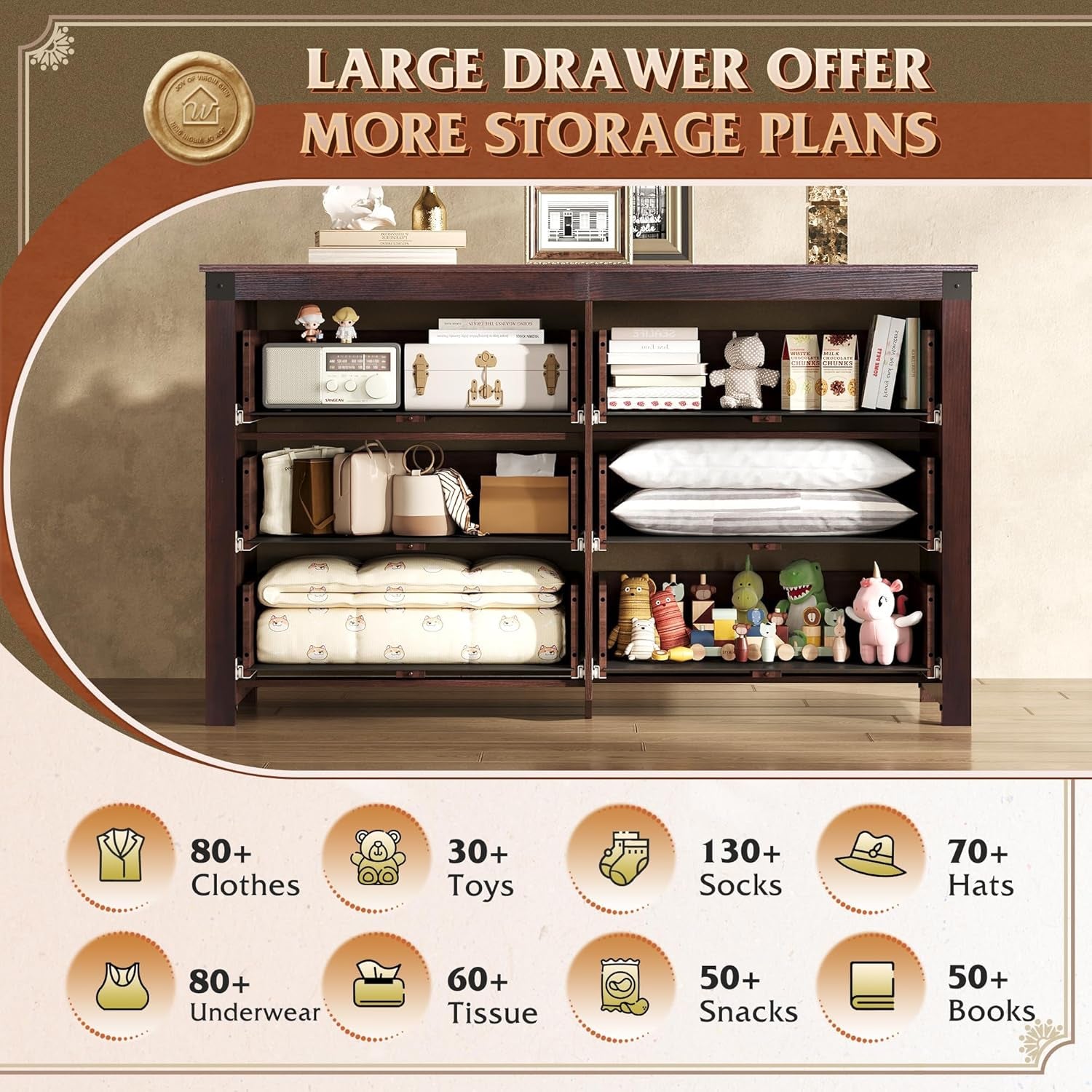 Farmhouse 6 Drawer Dresser for Bedroom, 53.07'' Wide Wood Dresser, Storage Organizer with Double Rustic Handle, TV Stand for 60 Inch TV, Chest of Drawers for Living Room, Hallway, Brown