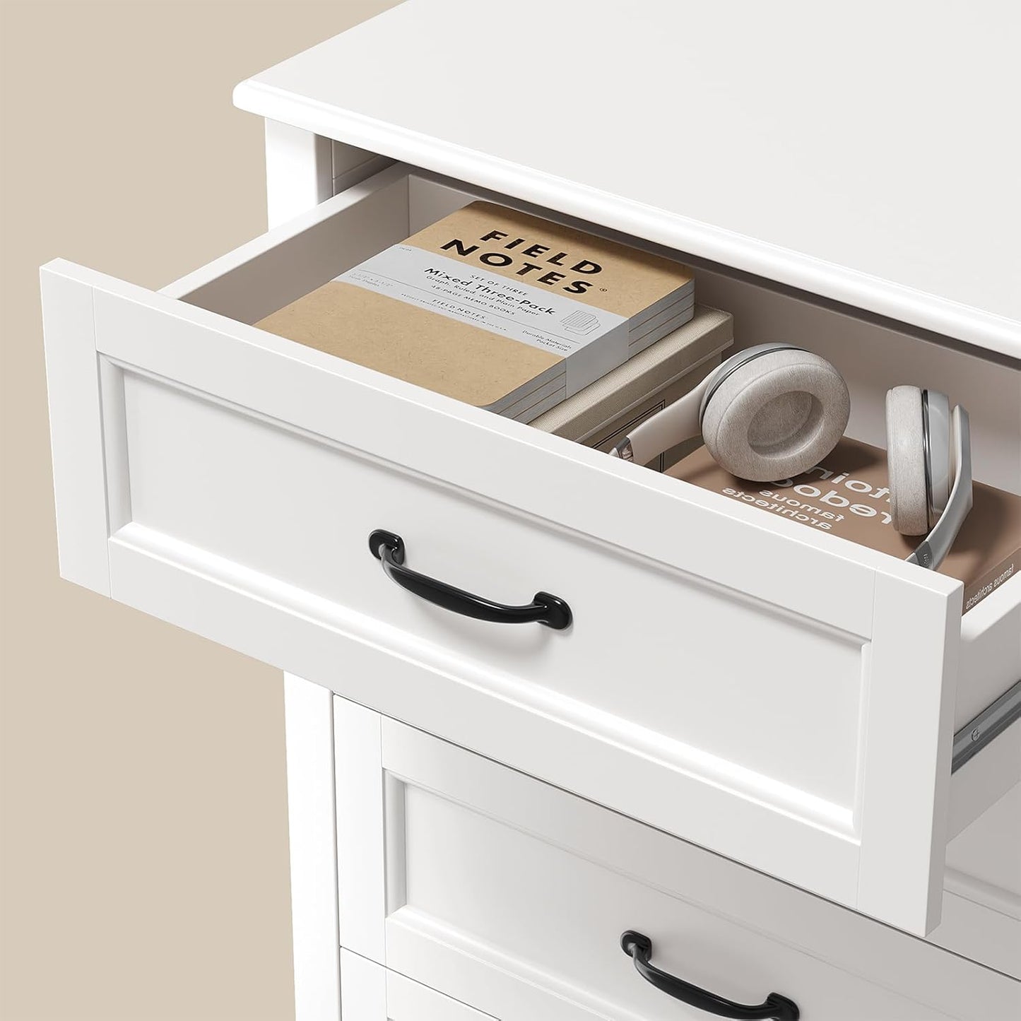 5 Drawer Dresser, White Wood Chest of Drawers for Bedroom, 43.3" Large Capacity Storage Cabinet with Anti-Tip Device, for Clothes, Living Room, Hallway, Office