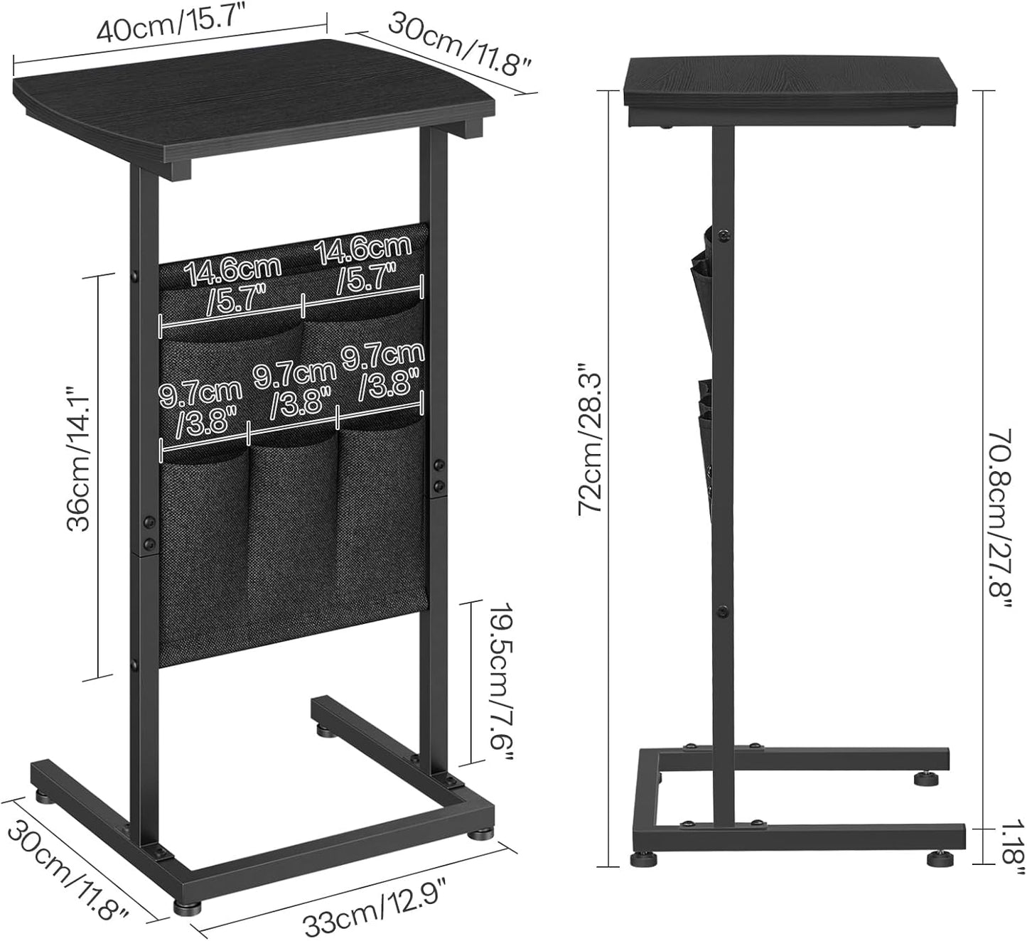 C Shaped End Table, 28.3" Side Table for Small Spaces, Couch Table with Storage Bag, Slide under Sofa Side Table, for Living Room, Bedroom, Black BB40SF01