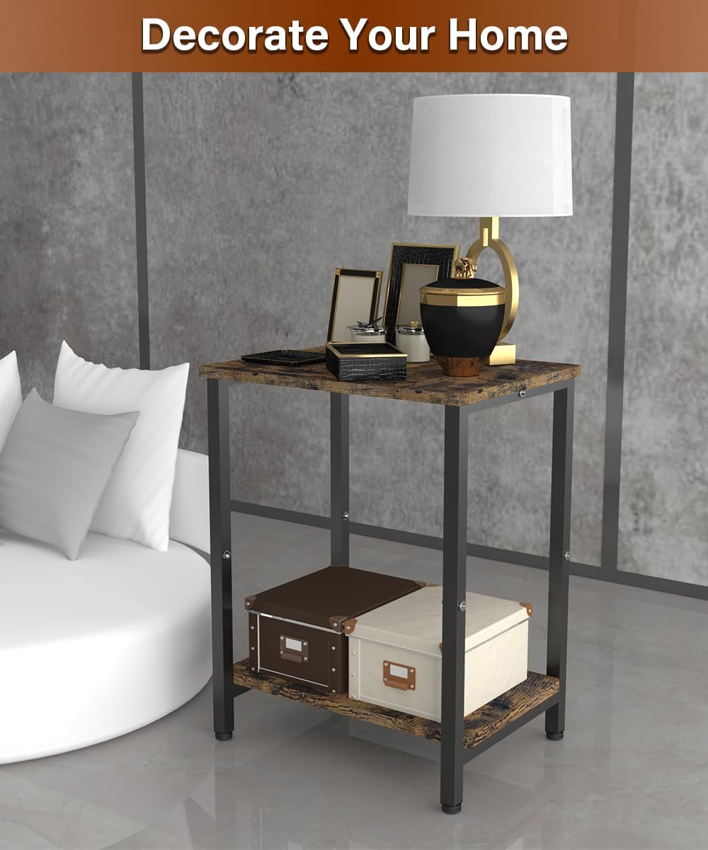 2 Tier Side Table, Heavy Duty End Table with Shelves, Narrow Nightstand Table for Small Spaces, Record Player Table for Bedroom, Living Room, Sofa Couch - Rustic Brown & Black