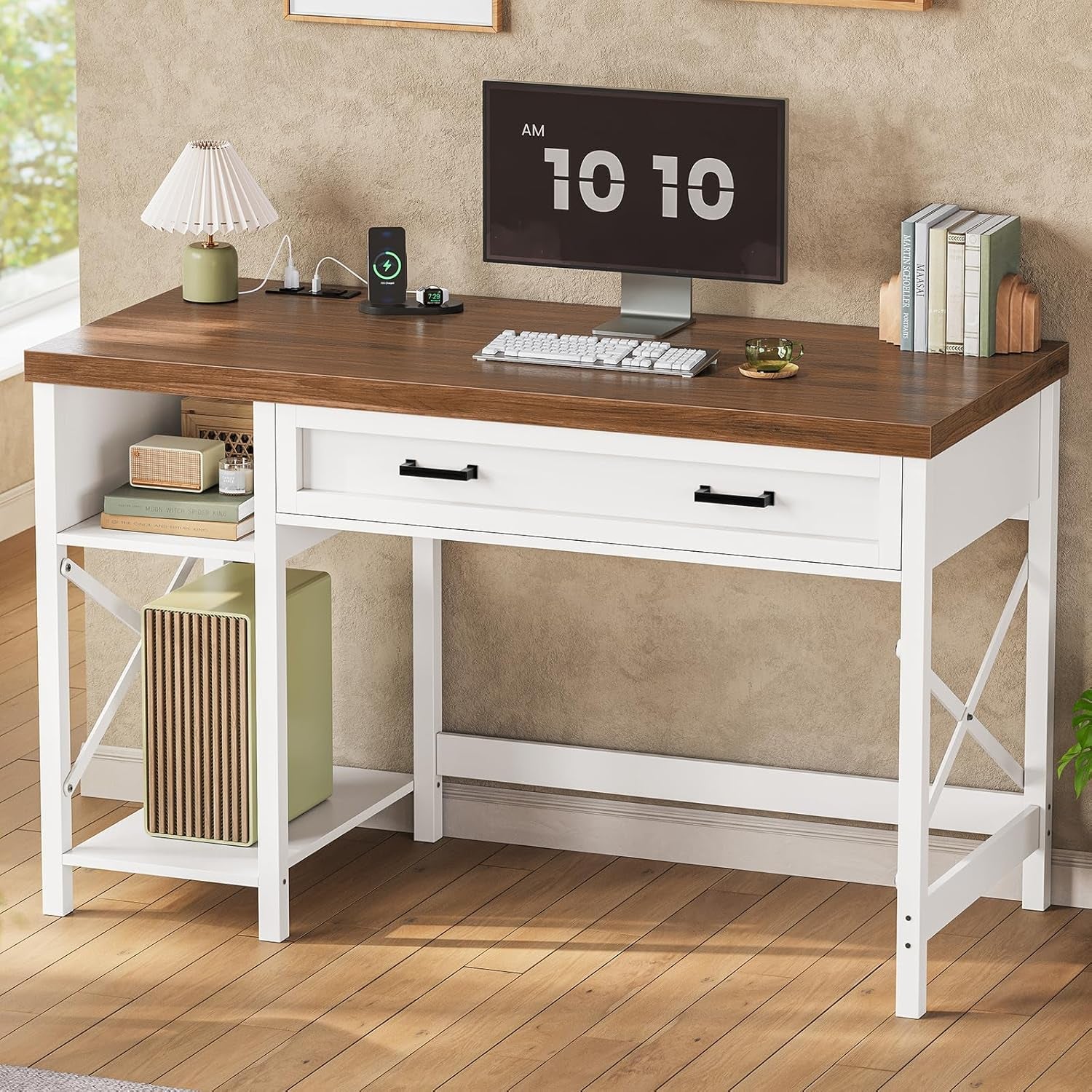 Farmhouse Small Desk with Drawers, 40" Computer Desk with Storage Shelves, White Writing Desk for Small Space and Power Outlet, Desk for Bedroom, Home Office