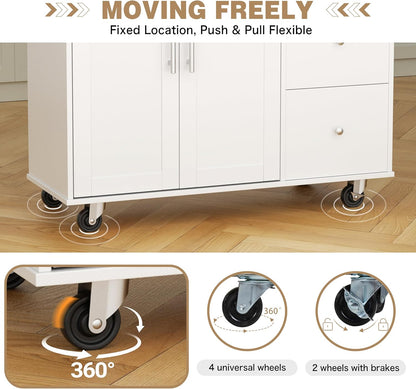 Kitchen Island with Folding Drop Leaf, Rolling Island Table with Storage, Kitchen Cabinet on Wheels with Seating Area for Kitchen, Bar Cart with Cabinet, White