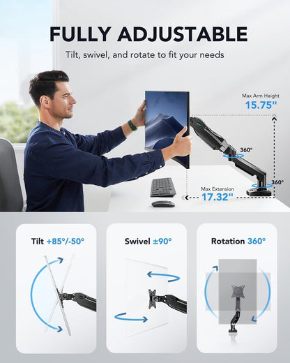 Single Monitor Mount, 13 to 32 Inch Monitor Arm, Adjustable Monitor Stand, Vesa Mount with Clamp and Grommet Base - Fits 4.4 to 19.8Lbs LCD Computer Monitors