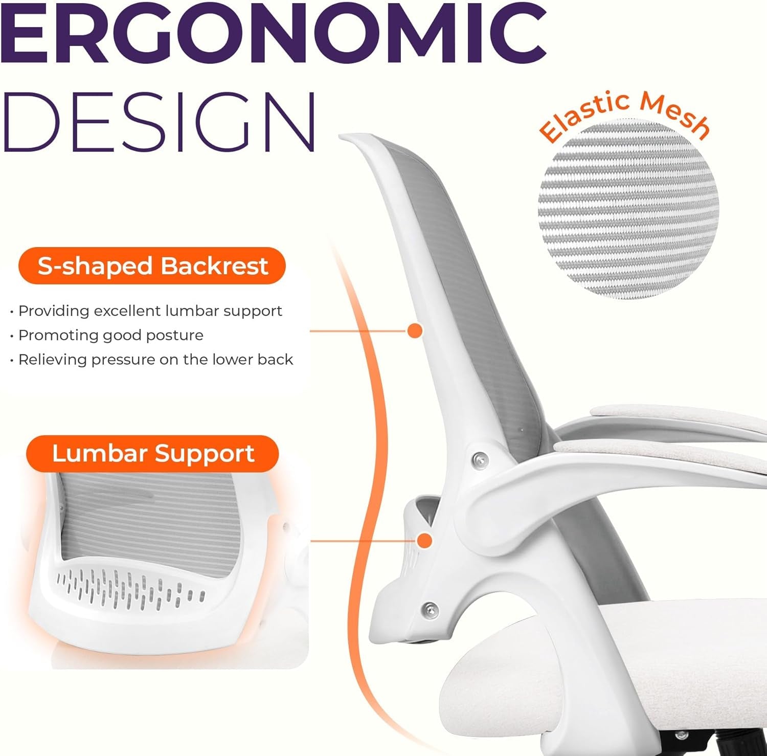 Office Desk Gaming Ergonomic Computer Chair with Lumbar Back Support Adjustable Height Swivel Rolling Wheels Flip-Up Arms Mesh Chair for Home Vanity (Ivory)