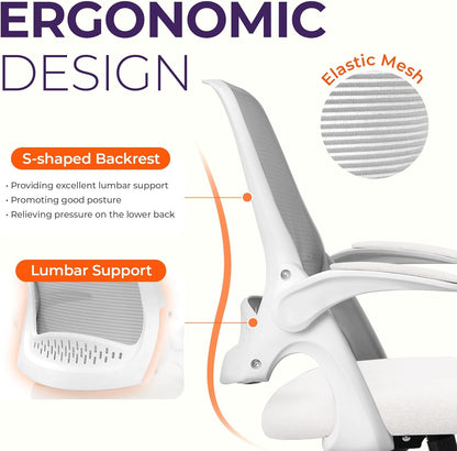 Office Desk Gaming Ergonomic Computer Chair with Lumbar Back Support Adjustable Height Swivel Rolling Wheels Flip-Up Arms Mesh Chair for Home Vanity (Ivory)