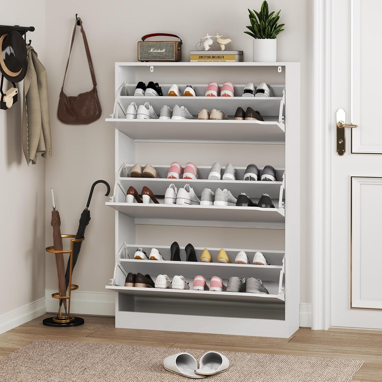 Shoe Cabinet with 3 Flip Drawers, Hidden Wood Shoe Cabinet,Freestanding Shoe Storage Cabinet for Entryway Hallway.White. 47.2" H*31.5" W*9.45" D.