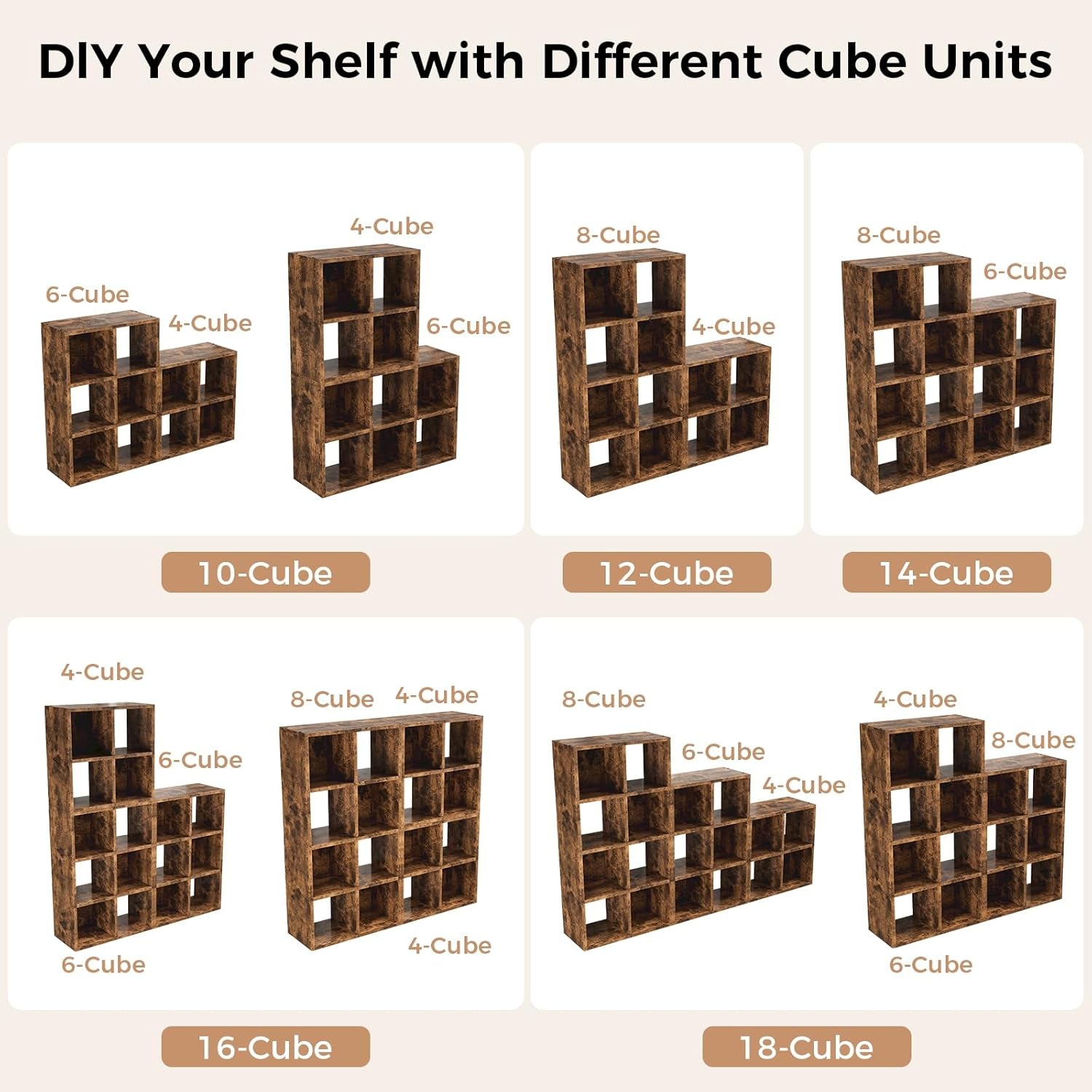 8-Cube Storage Organizer, Stackable Modular Bookcase Shelf with Vertical or Horizontal Use, Fits 11×11" Bins, Optional Back Panels, for Living Room, Office Rustic Brown